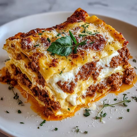 A plate of lasagna with a green leaf on top.