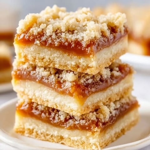 Three layers of caramel crumb bars.