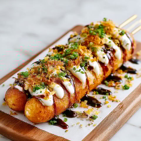 A Korean Corn Dog with Gochujang Honey Ketchup and Crispy Shallots.
