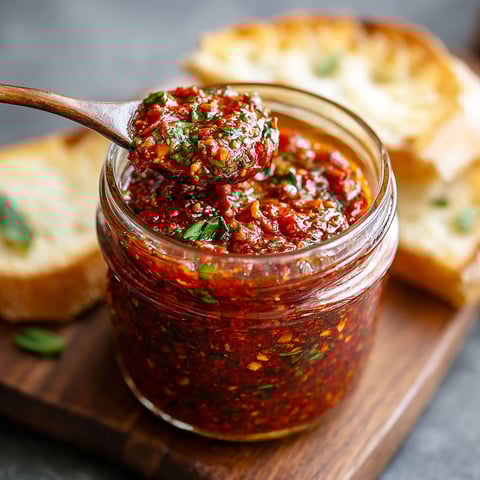 A jar of red pepper pesto on a wooden table.