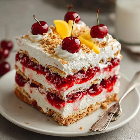 A slice of cherry cheesecake icebox cake.