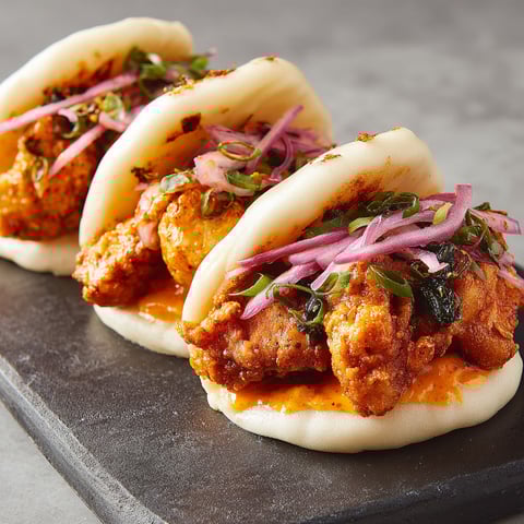 Two pieces of spicy fried chicken in a bun.