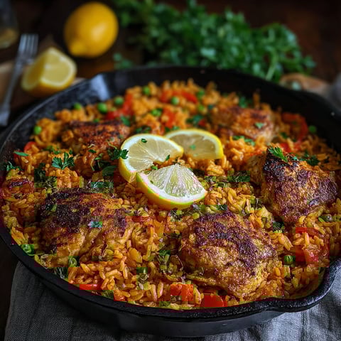 A one-pot chicken and rice dish with lemon wedges on top.