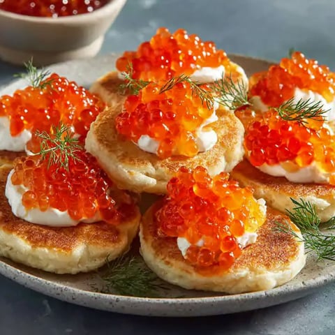 Blinis with caviar and eggs.