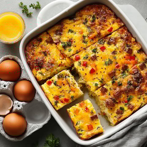 A square dish of ham and cheese breakfast casserole.