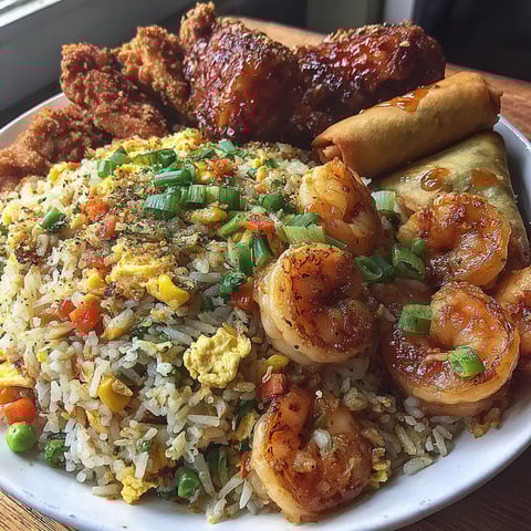 A plate of food with shrimp, rice, and vegetables.