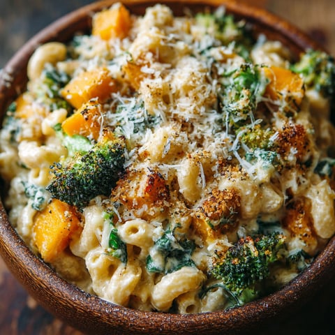A bowl of mac and cheese with broccoli and carrots.