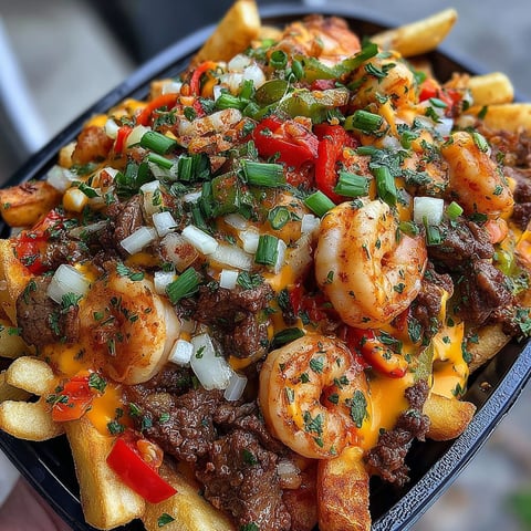 A close up of a plate of Southern Bayou Surf-and-Turf Fries.