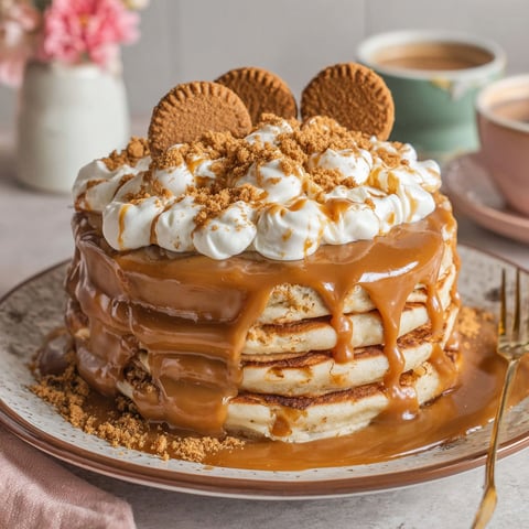 A stack of Biscoff pancakes with caramel sauce drizzled on top.