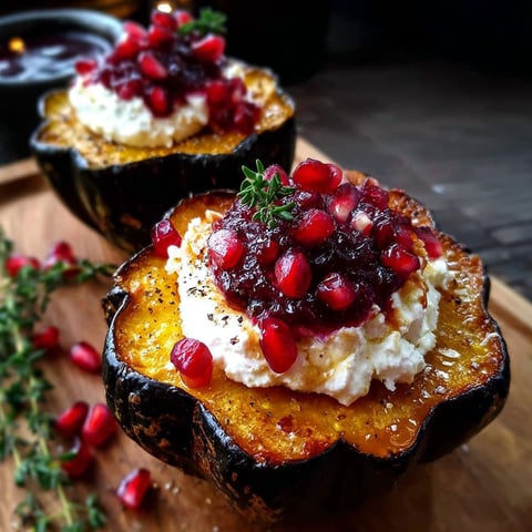 Two roasted acorn squash filled with ricotta and cranberry.