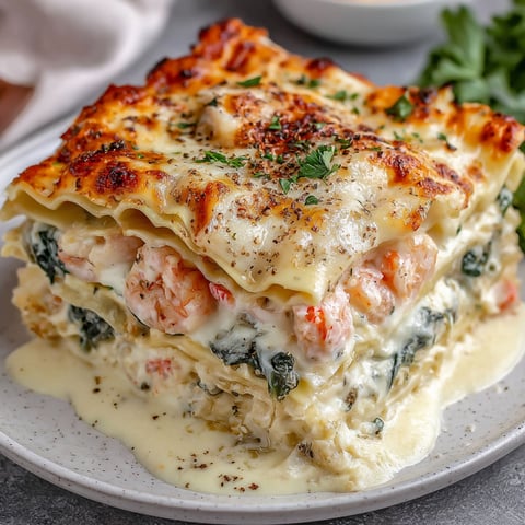 A seafood lasagna is on a plate.