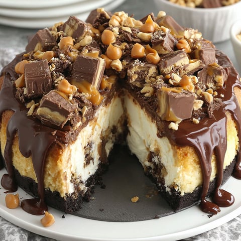 A slice of peanut butter snickers cheesecake.