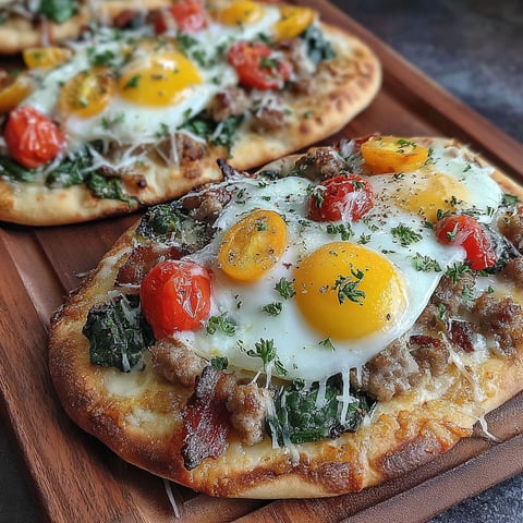 Two flatbreads with sausage and bacon topped with eggs.