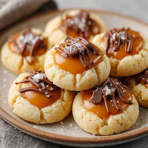 A plate of Twix Thumbprint Caramel Cookies.