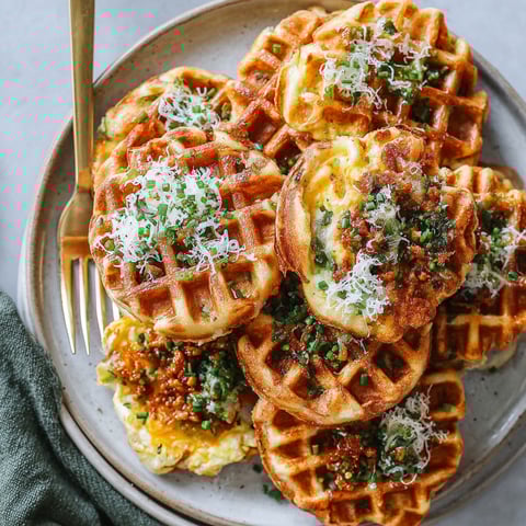 A plate of waffle finger foods.
