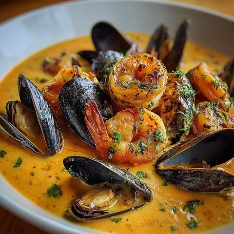 A bowl of shrimp and mussels in a garlic sauce.