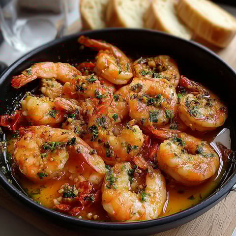 A bowl of shrimp with a spicy sauce.