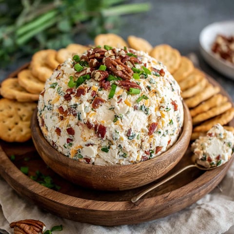 A creamy cheese ball with bacon bits on top.