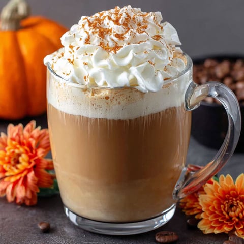 A glass of pumpkin spice latte with whipped cream.