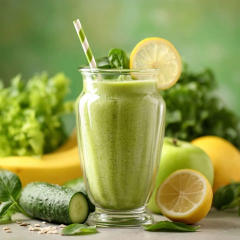 A glass of green smoothie with a straw.