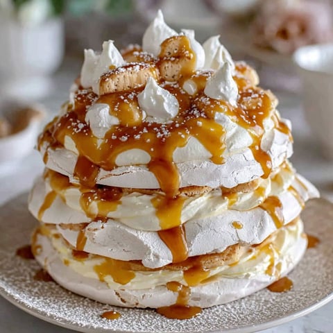 A stack of white cake with caramel drizzle.