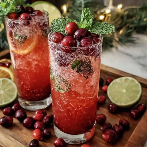 Two glasses of Christmas Cherry Fizz Mocktail.
