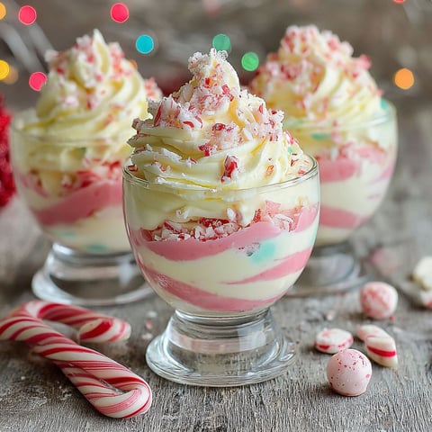 Three glasses of white chocolate mousse with candy canes.