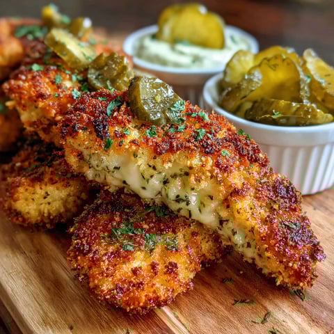 A plate of crispy dill pickle parmesan chicken.