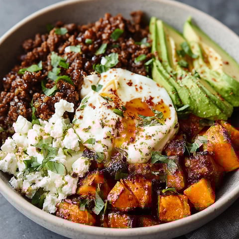 A bowl of food with a fried egg on top.