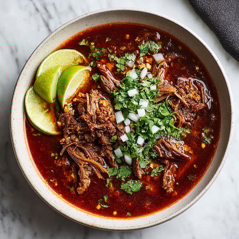 A bowl of beef birria with limes and onions.