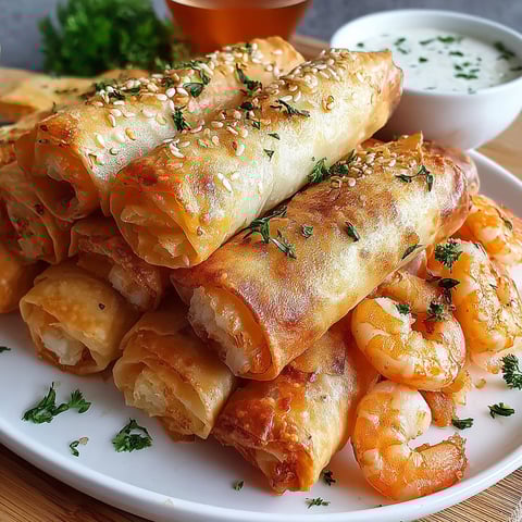 A plate of crispy garlic shrimp cigars.