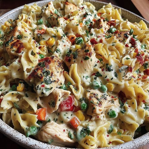 A bowl of chicken and pasta.