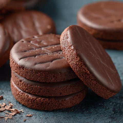 Chocolate shortbread cookies on a blue table.