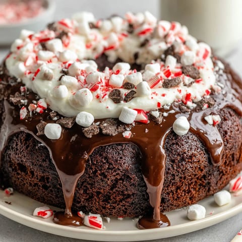 A chocolate cake with white frosting and red and white sprinkles.