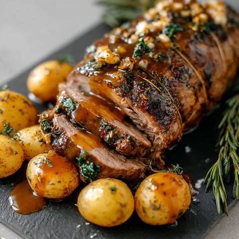 A roast beef dinner with potatoes and herbs.