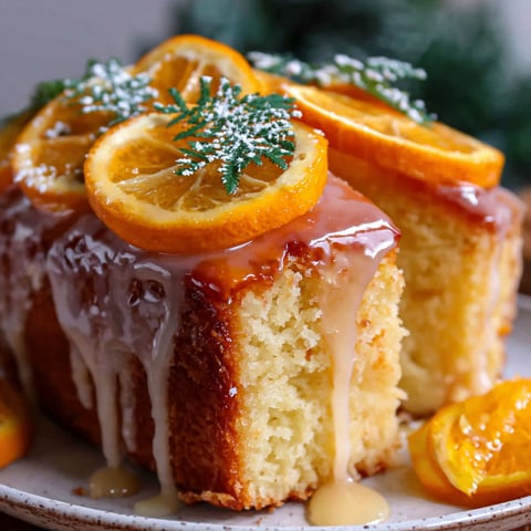 A slice of orange syrup cake with a drizzle of syrup on top.