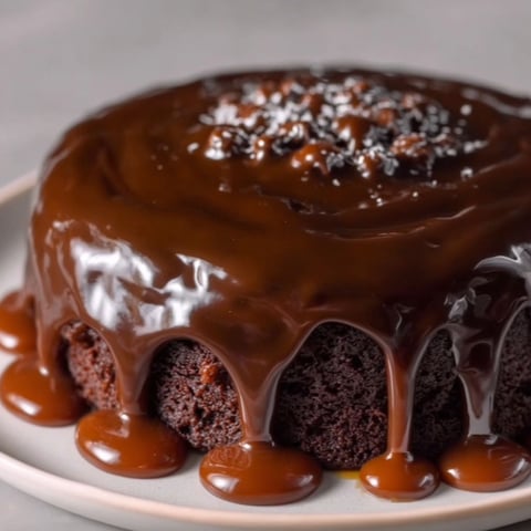 A chocolate cake with chocolate drizzle on top.
