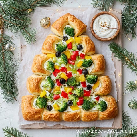 A veggie pizza shaped like a Christmas tree.