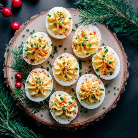 A plate of deviled eggs with red peppers.