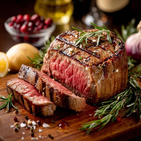 A large cut of meat with a sprig of rosemary on top.
