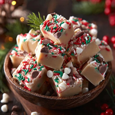 A bowl of Christmas fudge with white and red sprinkles.