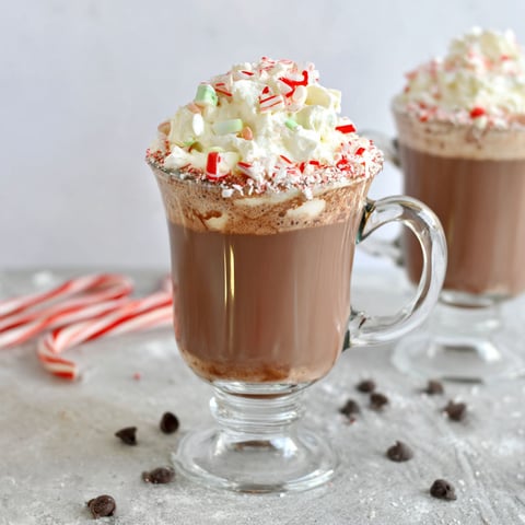 A glass of homemade peppermint hot chocolate.