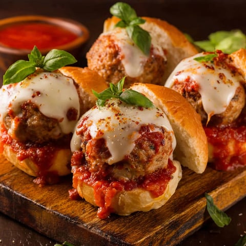 A plate of meatball sandwiches with cheese.