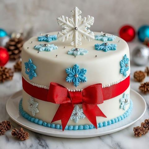 A white cake with blue and white snowflakes on it.