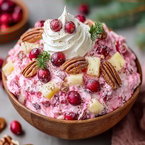 A bowl of cranberry salad with white whipped cream on top.