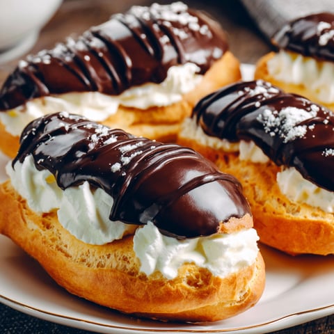 Chocolate éclairs on a plate.