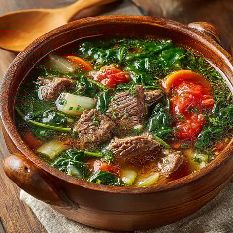 A bowl of soup with meat and vegetables.