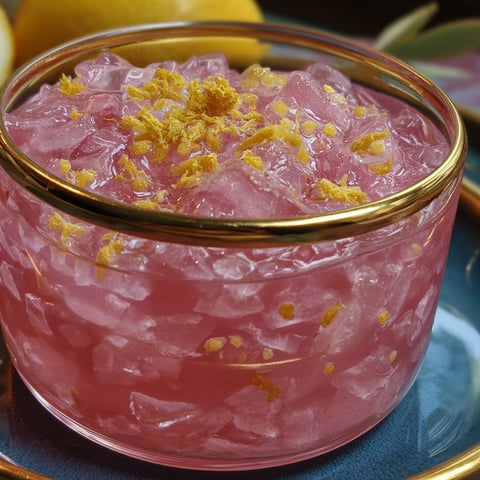 A bowl of pink gelatin with yellow fruit on top.