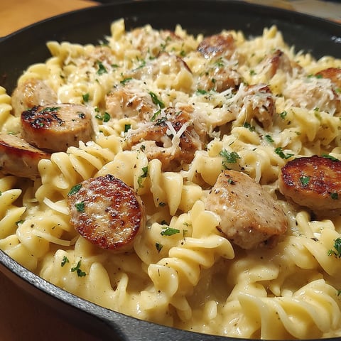 A delicious creamy pepper jack chicken and sausage pasta dish.
