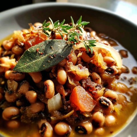 A bowl of blackeyed peas with a green leaf on top.